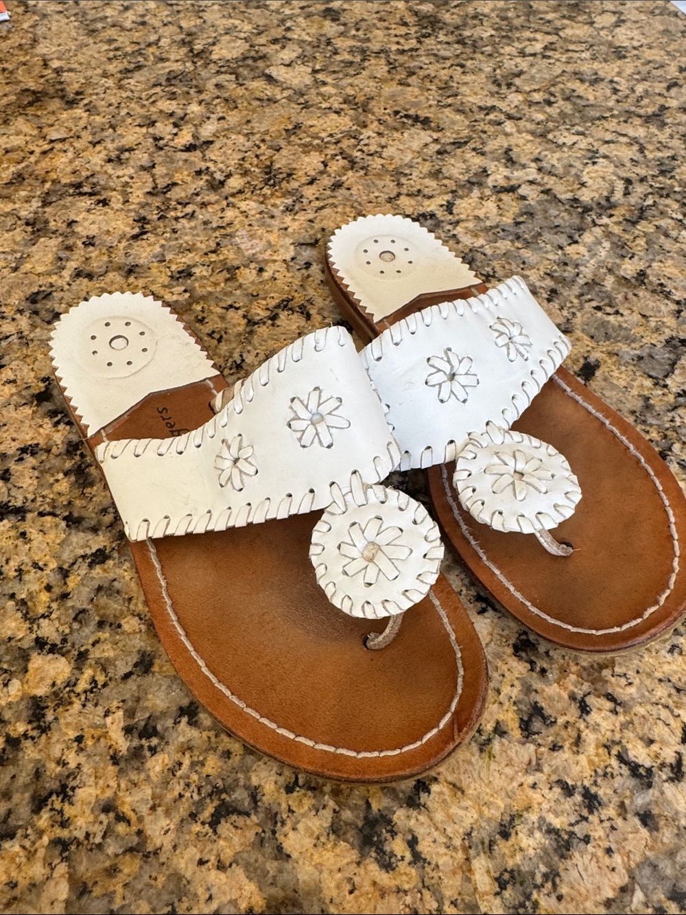 Jack Rogers White Leather Floral Thong Sandals with Brown Footbed
